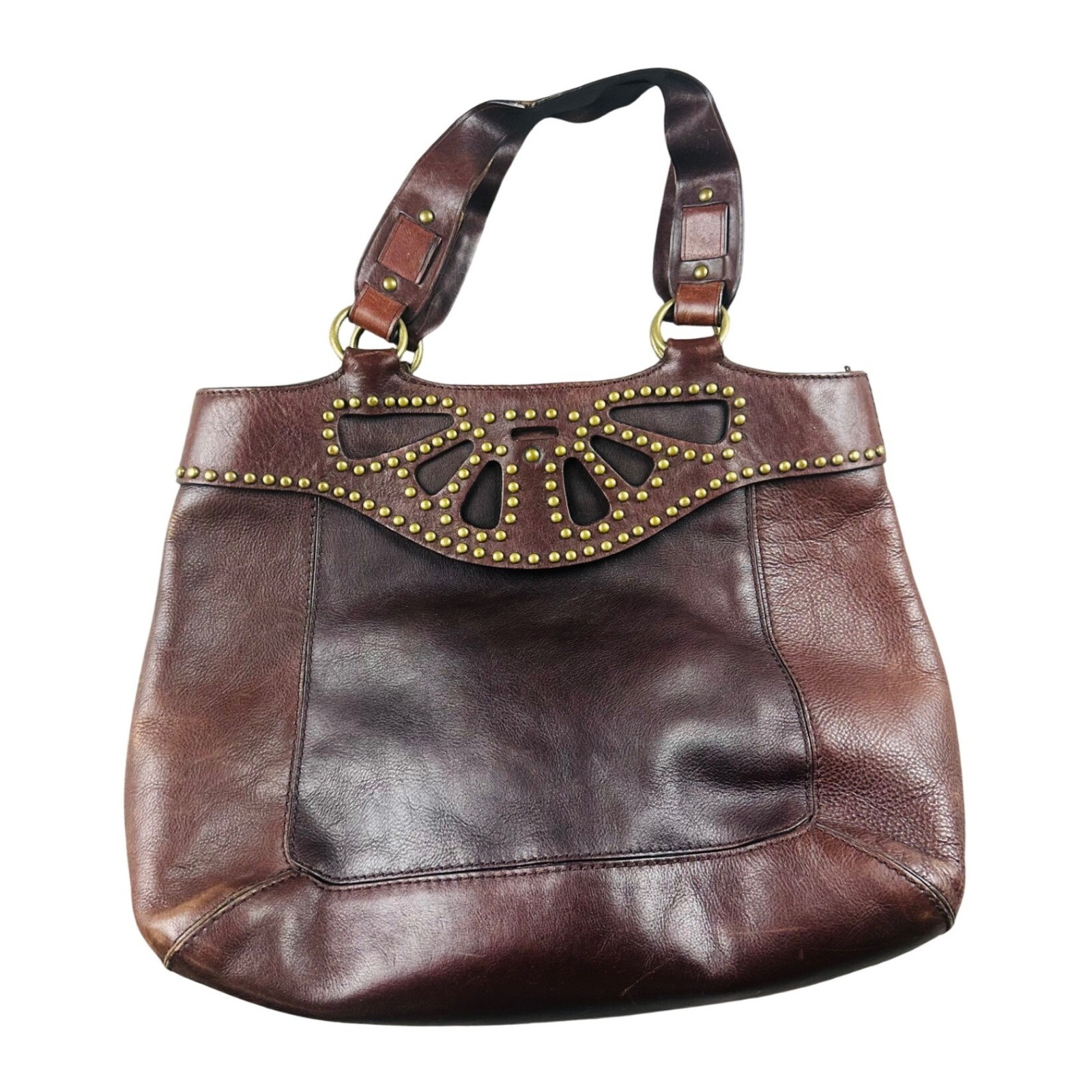 Michael Michael Kors Tote Bag Women Brown Leather Studded Perforated Travel Boho